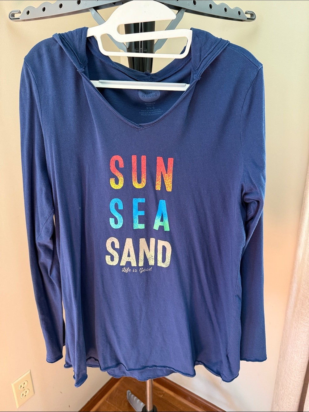 Life Is Good Navy Hooded Tee with Colorful 'SUN SEA SAND' Graphic
